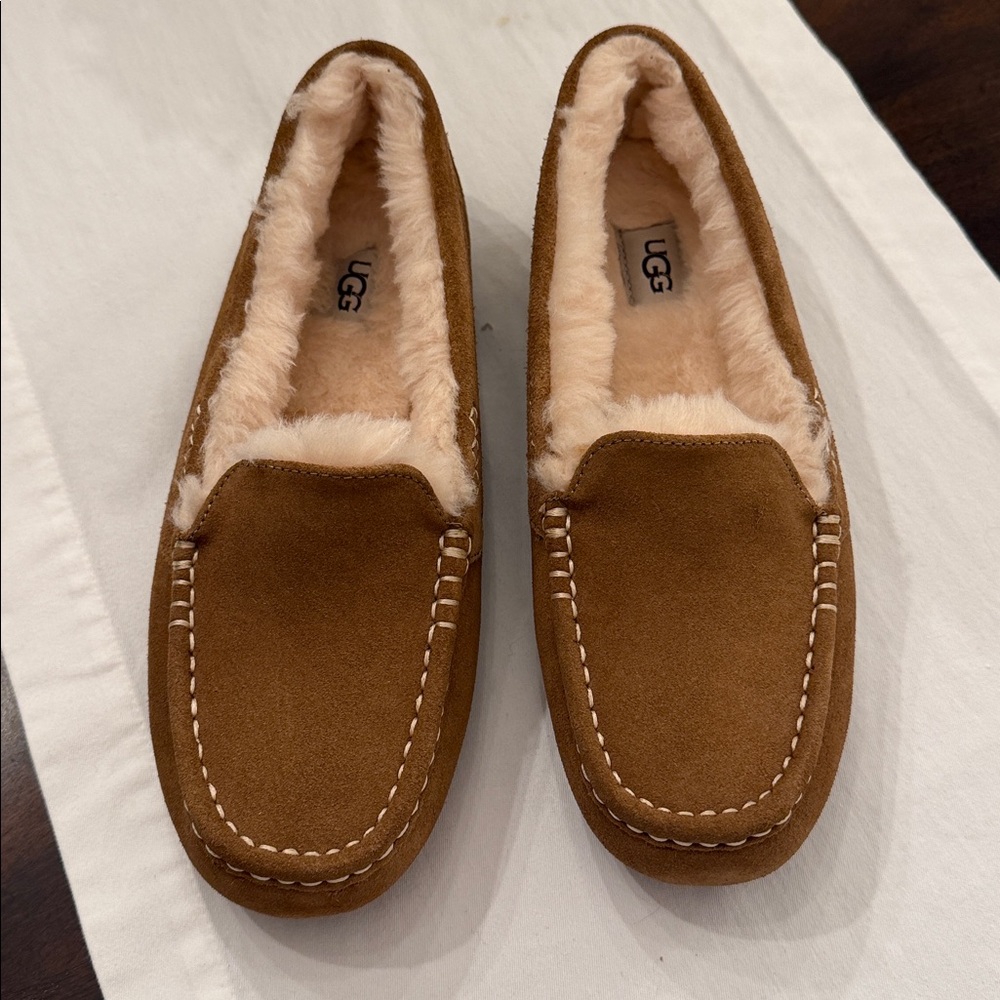 UGG Chestnut Brown Suede Shearling Lined Moccasin Slippers - Picture 2 of 6